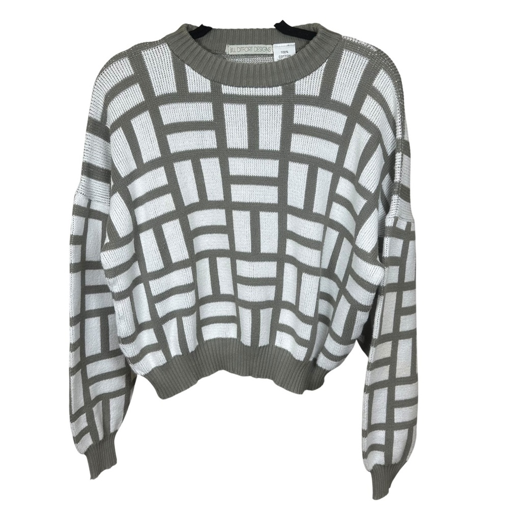 Bill Ditfort Grid Knit Cropped Boxy Sweater Artsy Lagenlook‎ Gray Cotton M